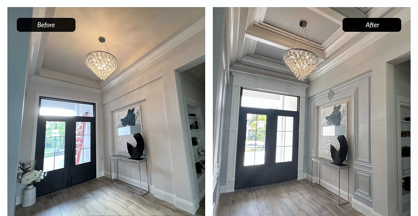 Before and after: foyer paneling and ceiling detail