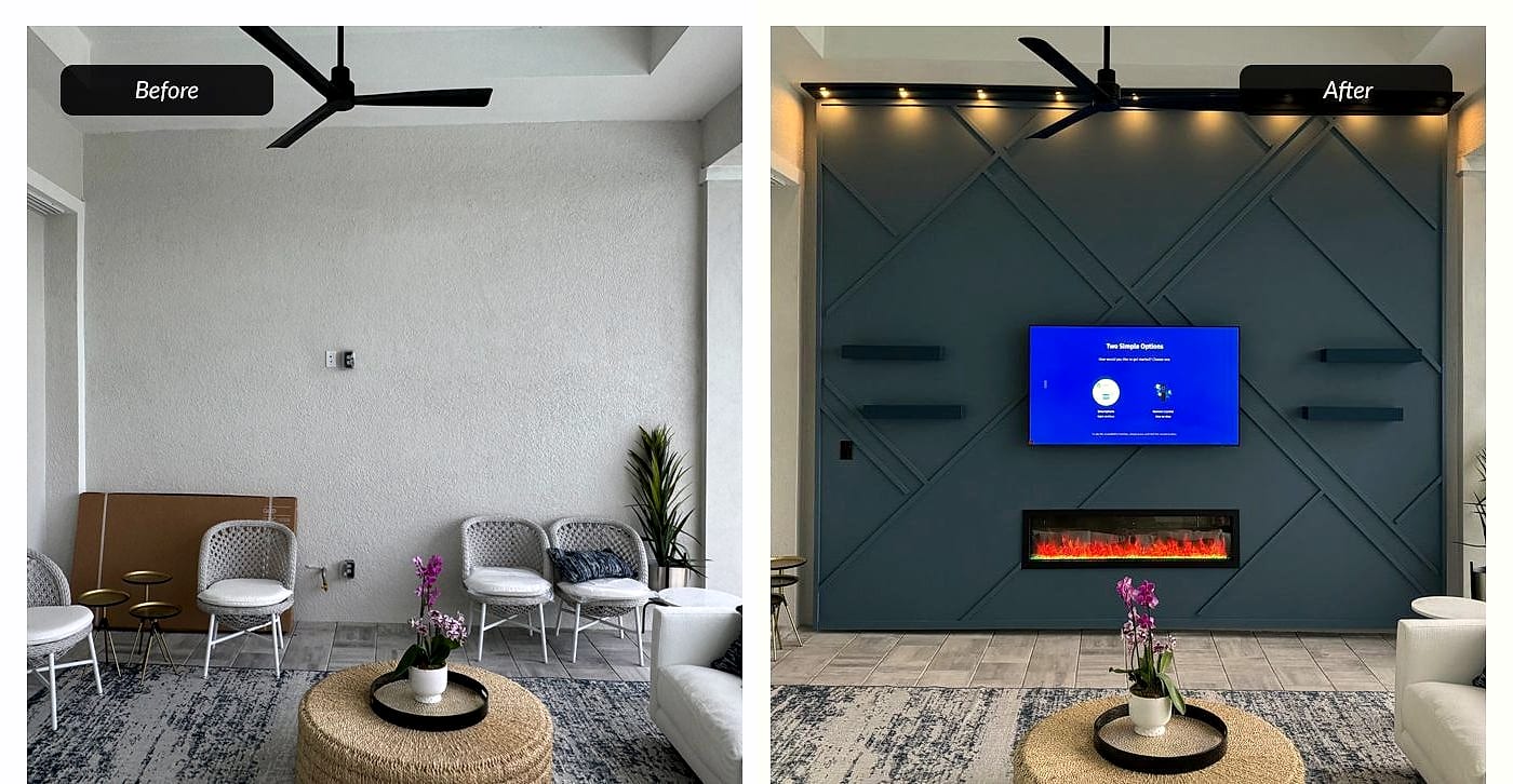 Before and after: feature wall with fireplace