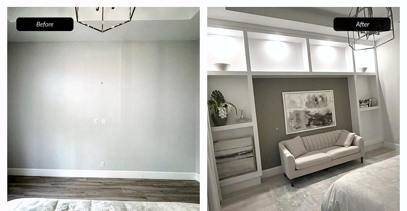 Before and after: bedroom built-in wall